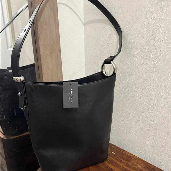 Classic Black Leather Kate Spade Bucket Bag - Sleek Everyday Bag - Picture 11 of 14